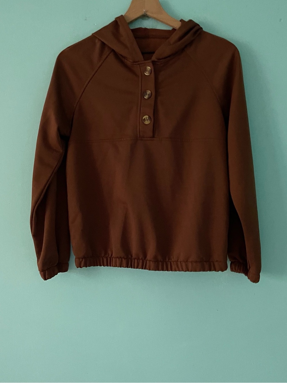 SHEIN Brown Long Sleeve Henley Hooded Pullover Top S Boho Babydoll Elastic Trim